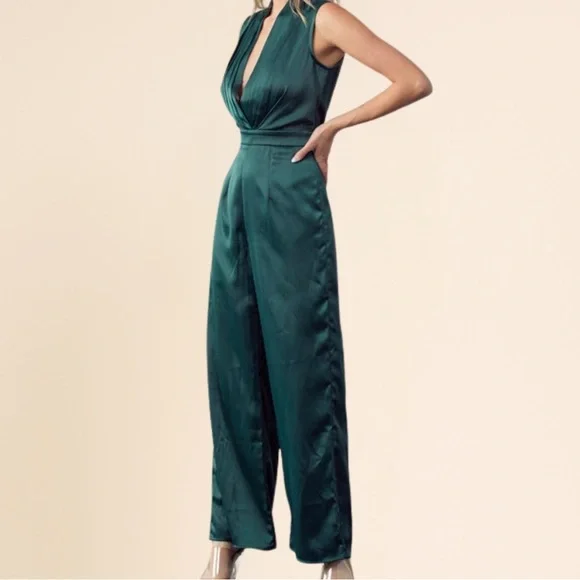 Chic Emerald Satin Jumpsuit - Picture 3 of 6